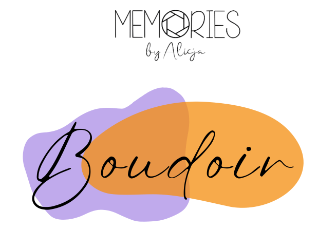 Logo design for 'Memories by Alicja' featuring a bold, artistic interpretation of the word 'Boudoir' with vibrant colors.